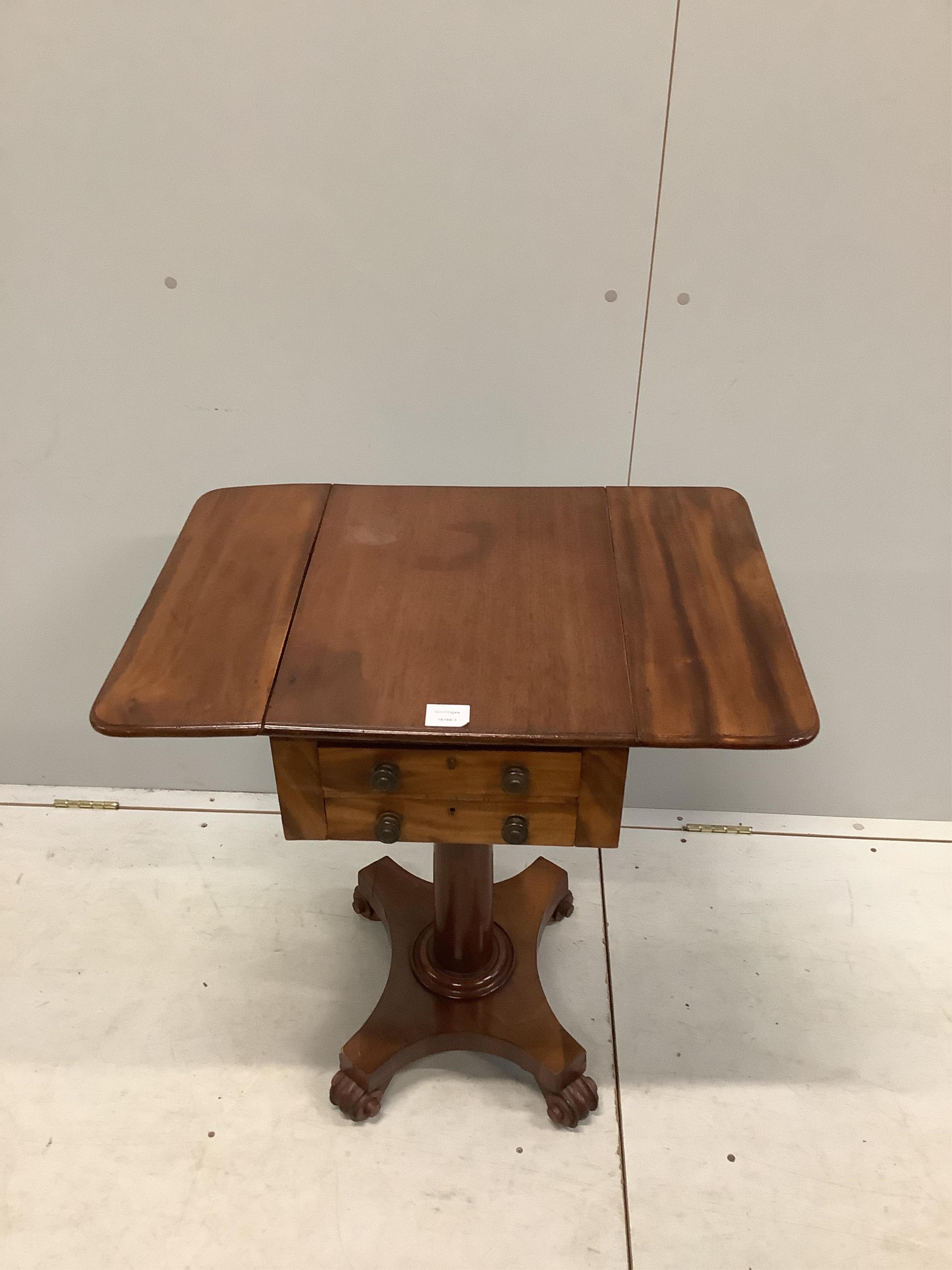 A Victorian mahogany drop flap work table, width 38cm, depth 49cm, height 71cm. Condition - fair